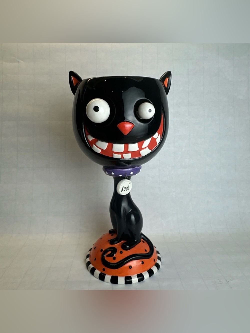 Department 56 Halloween Black Cheshire Cat Google Eye Spooky Novelty Goblet 9”